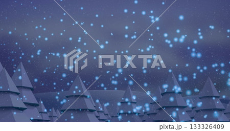 Showing stylized evergreen trees standing in winter forest at night, with glowing blue snowflakes 133326409
