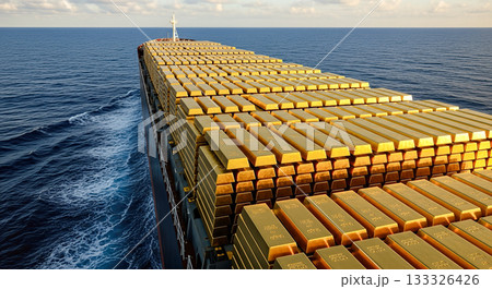 Cargo ship loaded with gold bars sailing ocean global economy wealth transportation financial banking crisis expensive logistics trade reserves migration value concept commercial Cargo ship loaded with gold bars sailing ocean global economy wealth transportation financial banking crisis expensive logistics trade reserves migration value concept commercial 133326426