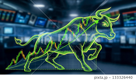 Glowing neon bull running up financial chart graph on dark background concept stock market growth bullish trend investment profit success 133326440