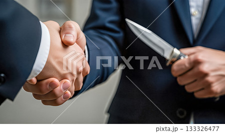 Business handshake with hidden knife representing betrayal and corporate crime dangerous partnership fake deal dishonesty risk backstabbing enemy threat conflict Business handshake with hidden knife representing betrayal and corporate crime dangerous partnership fake deal dishonesty risk backstabbing enemy threat conflict 133326477