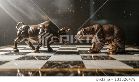 Golden bull and bear statues facing each other on chess board stock market trading strategy financial conflict competition risk 133326479
