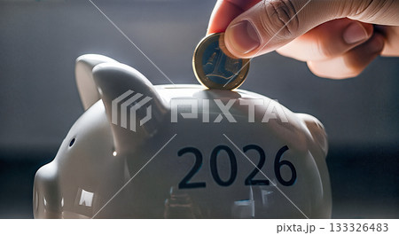 Hand putting gold coin into white piggy bank with number 2026 text close up saving money future financial plan investment budget Hand putting gold coin into white piggy bank with number 2026 text close up saving money future financial plan investment budget 133326483