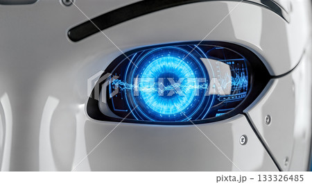 Futuristic white android face with blue glowing eye close up concept artificial intelligence machine learning technology cybernetics robotics data analysis innovation 133326485