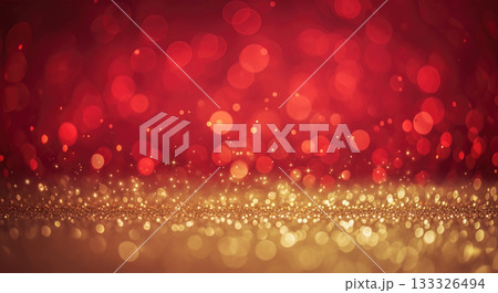 Red and gold bokeh background, abstract christmas lights, festive holiday texture, shiny glitter stars, party backdrop, blurred particles, bright magical 133326494