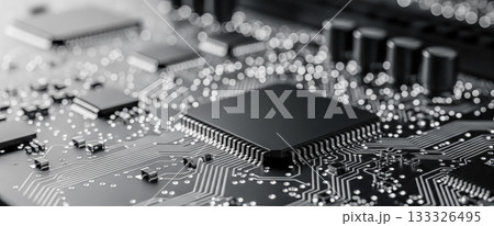 Monochrome technology background with computer processor on circuit board, black and white hardware closeup for corporate presentation and IT industry abstract concept Monochrome technology background with computer processor on circuit board, black and white hardware closeup for corporate presentation and IT industry abstract concept 133326495