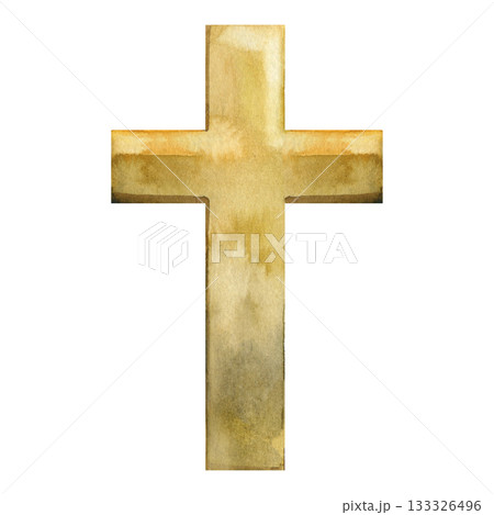 Watercolor golden cross symbol with soft textured shades. Elegant Christian illustration suitable for religious designs, Easter cards, church materials, inspirational prints and spiritual artwork. 133326496