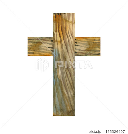 Watercolor wooden cross with natural grain texture. Rustic Christian symbol perfect for religious designs, Easter cards, faith quotes, church materials, inspirational prints and spiritual artwork. 133326497