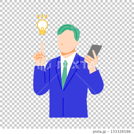 一位身穿西裝的商務人士正在用智慧型手機尋找解決方案的插圖。扁平化設計 133326586