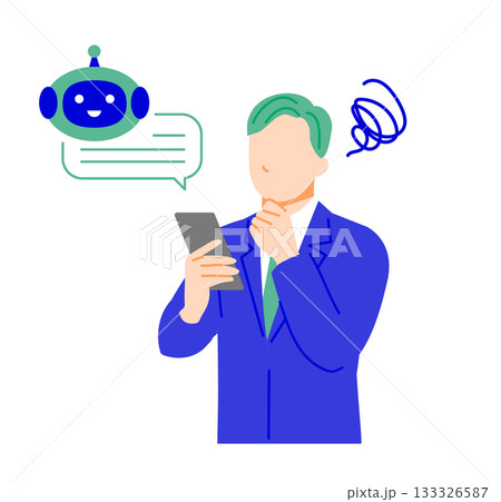 スーツのビジネスマンがスマホで人工知能を使用して困惑しているイラスト。フラットデザイン スーツのビジネスマンがスマホで人工知能を使用して困惑しているイラスト。フラットデザイン 133326587