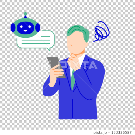 Illustration of a businessman in a suit confused by using artificial intelligence on his smartphone. Flat design 133326587
