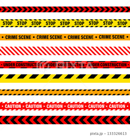 Barricade construction tape. Colorful police warning line, brightly colored danger or hazard stripe, ribbon. Restricted area, zone. Attention symbol. Vector illustration 133326613