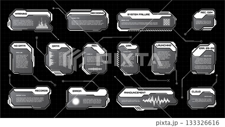 White futuristic HUD, UI elements. Sci-fi user interface text boxes, callouts. Warning message frames, information boxes template. Modern game interface layout in digital style. Vector illustration 133326616