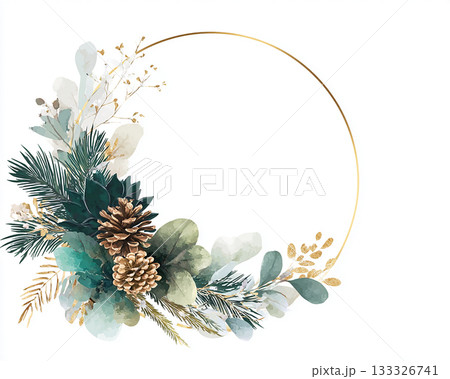 青い冬ボタニカルと松ぼっくりの水彩フレーム素材 133326741