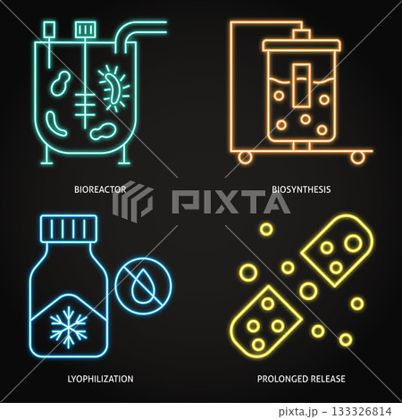 Biomanufacturing and bio technologies neon icon set 133326814
