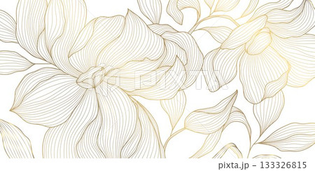 Luxury vector golden floral line art background featuring elegant flowers, delicate leaves, modern oriental style. Premium wedding invitations Luxury vector golden floral line art background featuring elegant flowers, delicate leaves, modern oriental style. Premium wedding invitations 133326815