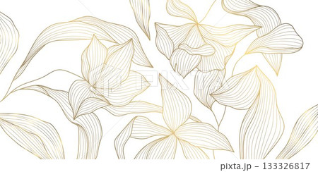 Luxury vector golden floral line art background featuring elegant flowers, delicate leaves, modern oriental style. Premium wedding invitations, botanical cards, wallpapers 133326817