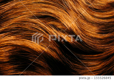 Macro texture of wavy hair strands with glossy warm tone. Beauty and haircare background for salon products and dermatology themes. Macro texture of wavy hair strands with glossy warm tone. Beauty and haircare background for salon products and dermatology themes. 133326845