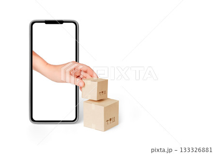 E-commerce concept: hand adds boxes from a smartphone screen. Online order, payment and fast delivery. E-commerce concept: hand adds boxes from a smartphone screen. Online order, payment and fast delivery. 133326881