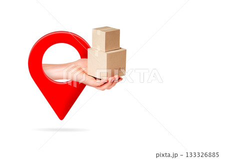 Red map pin and a hand with boxes on white. Address delivery and last-mile logistics concept. 133326885