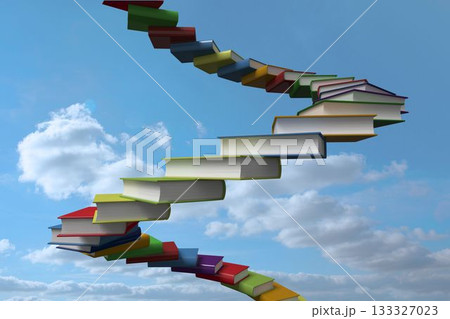 Flat design colorful hardcover book staircase is spiraling through blue sky with fluffy clouds Flat design colorful hardcover book staircase is spiraling through blue sky with fluffy clouds 133327023