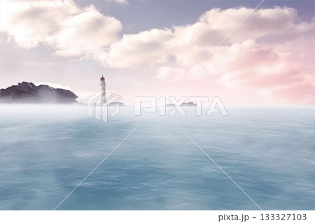 White lighthouse standing left-center in flat coastal design, showing calm sea and pastel clouds 133327103