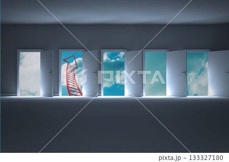 Doors opening to show red arrow and sky 133327180