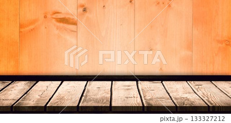 Empty wooden shelf on orange wall Empty wooden shelf on orange wall 133327212