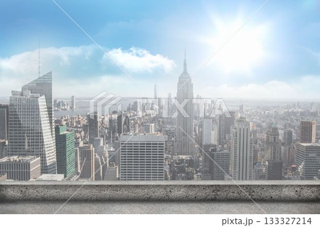 Flat design scene is showing urban skyline atop rooftop ledge with art deco skyscraper center 133327214