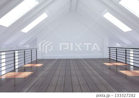 Flat design is showing attic loft with pitched ceiling, skylights, beams and wooden floorboards 133327282