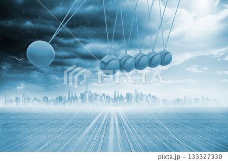 Newtons cradle above city Newtons cradle above city 133327330