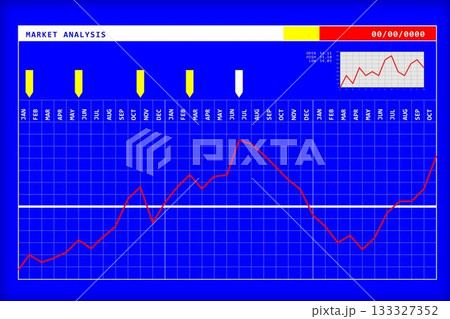 digital market analysis chart is displaying on blue grid with red plot, yellow and white arrows digital market analysis chart is displaying on blue grid with red plot, yellow and white arrows 133327352