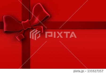 Red satin bow and crossing ribbon bands creating gift wrapping on flat design red gradient backdrop Red satin bow and crossing ribbon bands creating gift wrapping on flat design red gradient backdrop 133327357