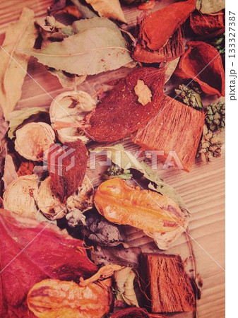 High angle view of spices and leaves on table High angle view of spices and leaves on table 133327387