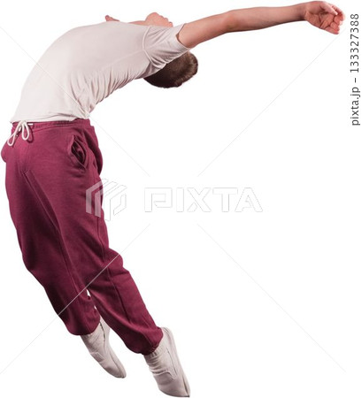 Teenage boy is performing back-arch jump in burgundy sweatpants on white backdrop in flat design Teenage boy is performing back-arch jump in burgundy sweatpants on white backdrop in flat design 133327388