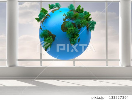 Flat design globe with trees is hovering in bright gallery room with large window panels 133327394