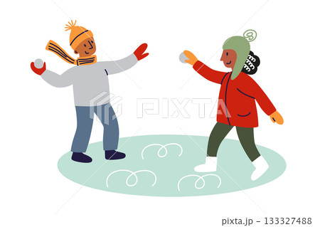 Vector illustration with flat cartoon children in winter snow play, boy and girl snowball fight, snowy landscape, holiday season theme for family activities, childhood fun, outdoor recreation visuals 133327488