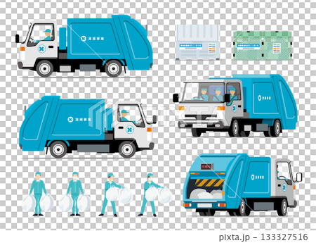 Set of sanitation department, garbage collection, press truck and staff Set of sanitation department, garbage collection, press truck and staff 133327516