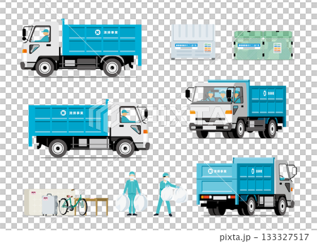 清掃局、ゴミ収集、大型ダンプ車とスタッフのセット 133327517
