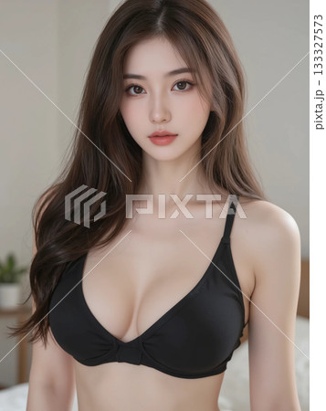 黒ビキニを着てキメ顔するロングヘアの港区女子 133327573