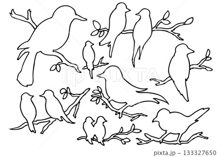 木の枝に止まる鳥のシルエット・線画イラスト｜自然と野生動物のデザイン素材 133327650