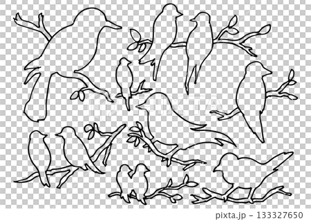 木の枝に止まる鳥のシルエット・線画イラスト｜自然と野生動物のデザイン素材 133327650