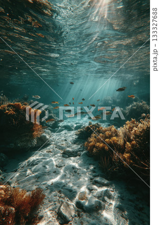 Underwater life. A school of small fish hovering above the corals. 133327688