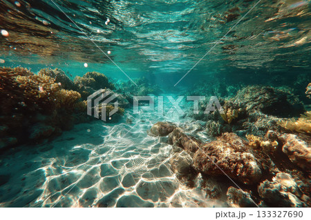 A calm underwater scene with clear, transparent water and a sandy bottom. 133327690
