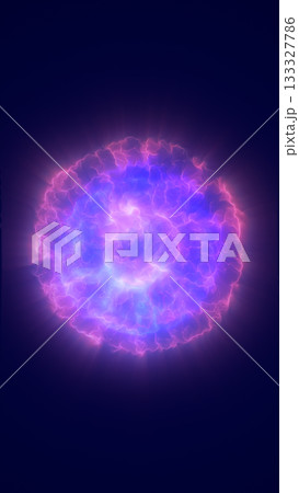 Abstract glowing purple and blue energy sphere radiating light and electric plasma on a dark background 133327786