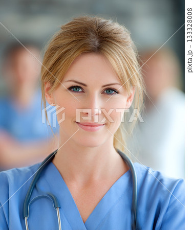 Confident Female Doctor Wearing White Coat and Stethoscope in Modern Medical Facility Providing Professional Healthcare 133328008