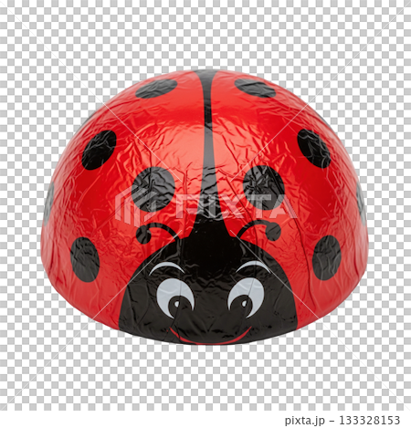 Red ladybug chocolate candy wrapped in foil with black spots for sweet spring holiday treat 133328153