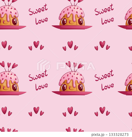 Seamless pattern with a cute cupcake on a plate on a pink background. Sweet love. The concept of love, Valentine's Day. Vector illustration for the design of postcards, textiles, banners, posters 133328273