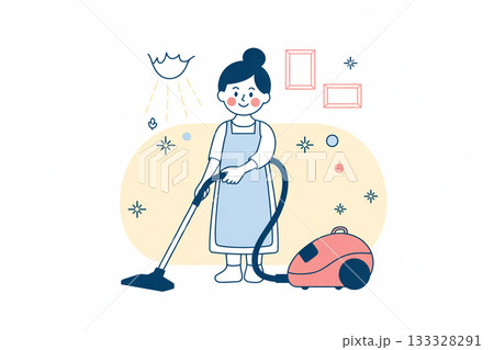 朝の掃除で気持ちよく一日を始める主婦のイラスト／清潔・暮らし・リフレッシュ 133328291