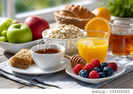 Healthy Balanced Breakfast with Fresh Fruits, Oats, Juice and Tea Served on a Sunny Morning Table Setting Healthy Balanced Breakfast with Fresh Fruits, Oats, Juice and Tea Served on a Sunny Morning Table Setting 133328301