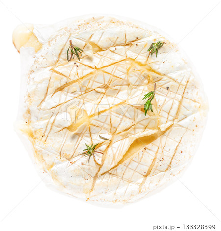 Baked camembert cheese with herbs melting on white background, top view gourmet appetizer ideal for culinary advertising and menu design Baked camembert cheese with herbs melting on white background, top view gourmet appetizer ideal for culinary advertising and menu design 133328399